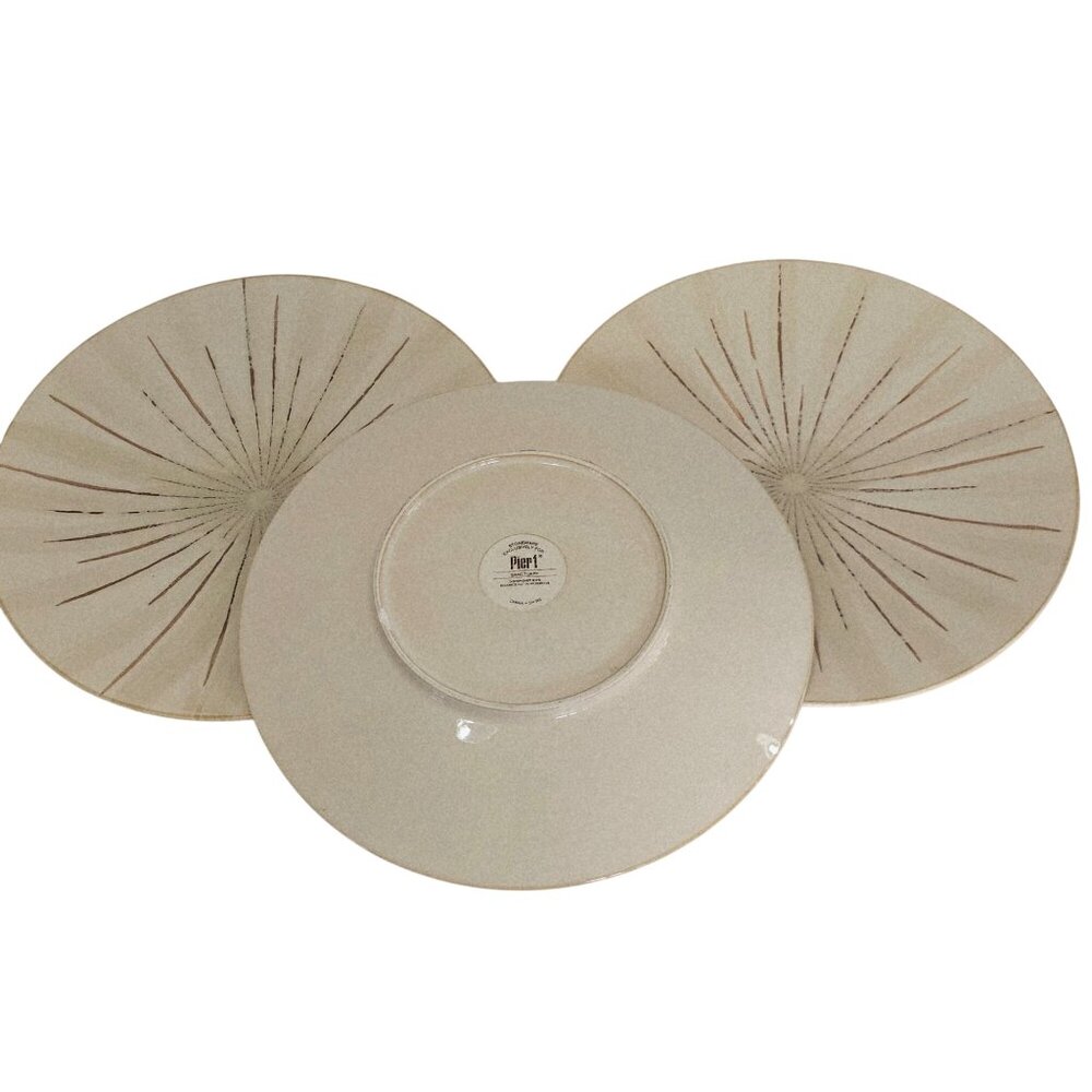 3 Pier1 Santuary Dinner Plates 11.5" starburst cream brown 2004 rustic boho flaw - Picture 2 of 8